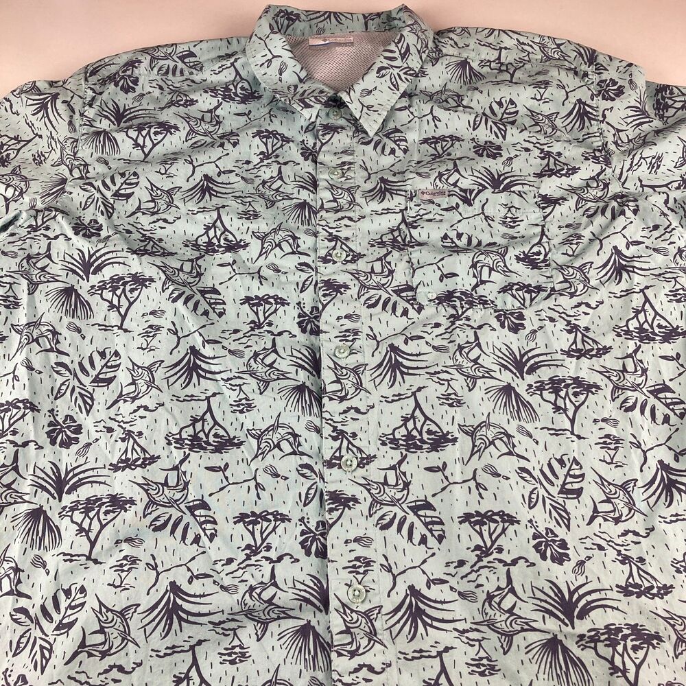 Columbia PFG Fishing Shirt Mens XL Mint Marlin Sailfish Print Vented Button Up